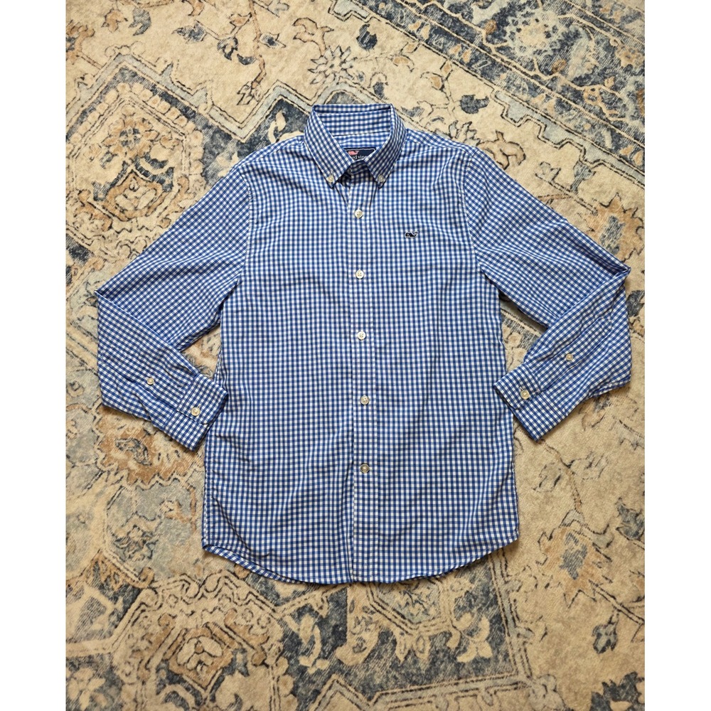 NWOT Vineyard Vines Boys Small Blue White Gingham Button Down L/S Whale Shirt